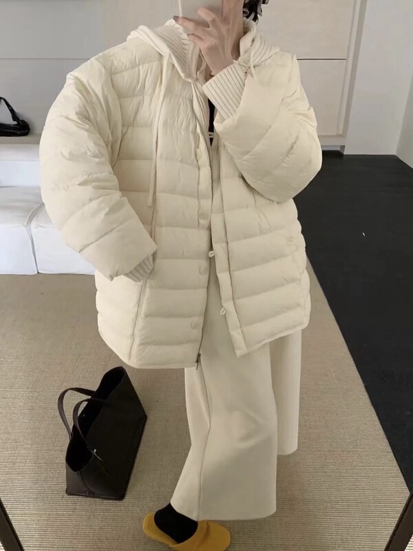 韩系超轻薄羽绒服女中长款针织连帽拼接小个子白鸭绒加厚保暖外套|undefined