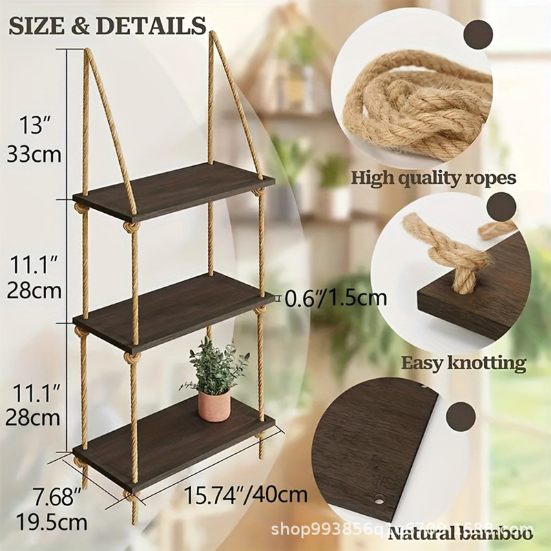 Wooden Punch-Free Storage Rack, Hemp Rope Partition Bookshelf, Wall Decoration Rack, Shelf, Living Room Wall-Mounted Storage Rack