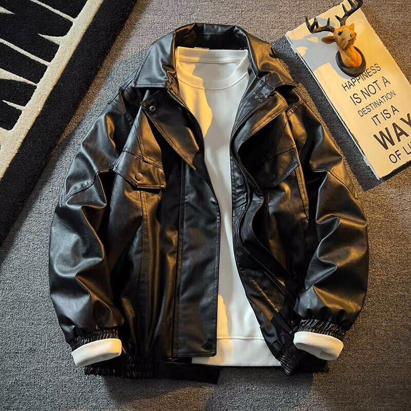 Street-Style Retro Biker Leather Jacket for Men, Trendy Brand, Stylish Spring and Autumn New High-End Pilot Jacket, Pu Leather Coat