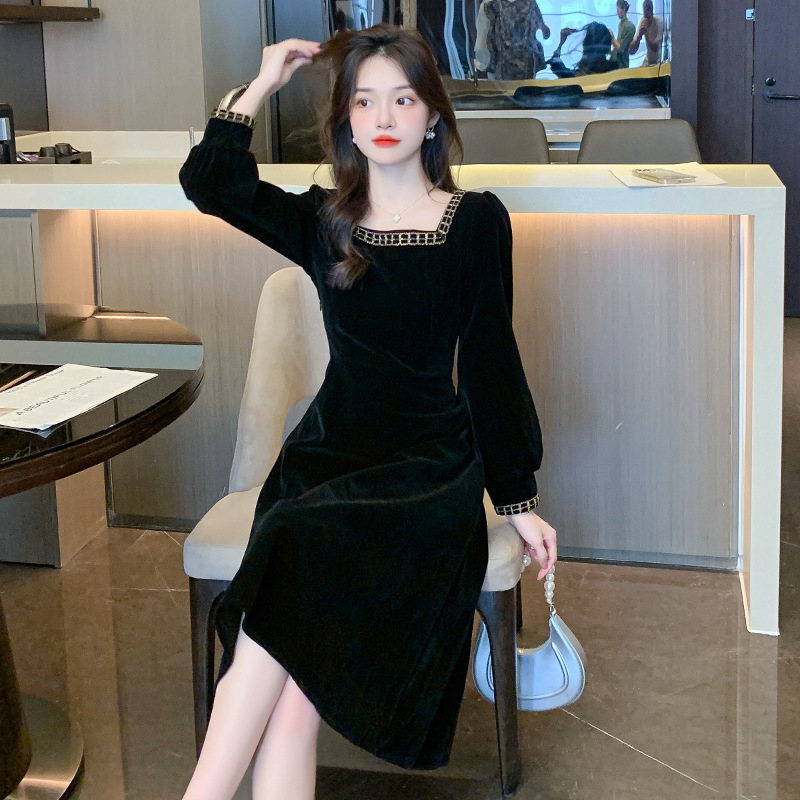 实拍大码法式赫本风金丝绒连衣裙女秋冬胖妹妹显瘦遮肚子复古长裙|undefined