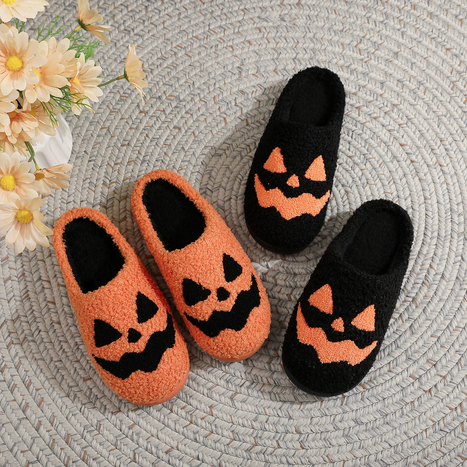 Хэллоуин атмосфера Jack-O'-Lantern Оранжевый тыквенный лампа вышивка хлопчатобумажные тапочки для мужчин и женщин домашние тапочки