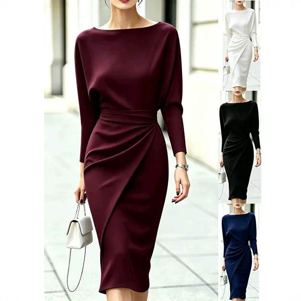 Cross-border Amazon European and American autumn and winter new women's fashion round-neck batwing long-sleeve high-waisted bodycon dress