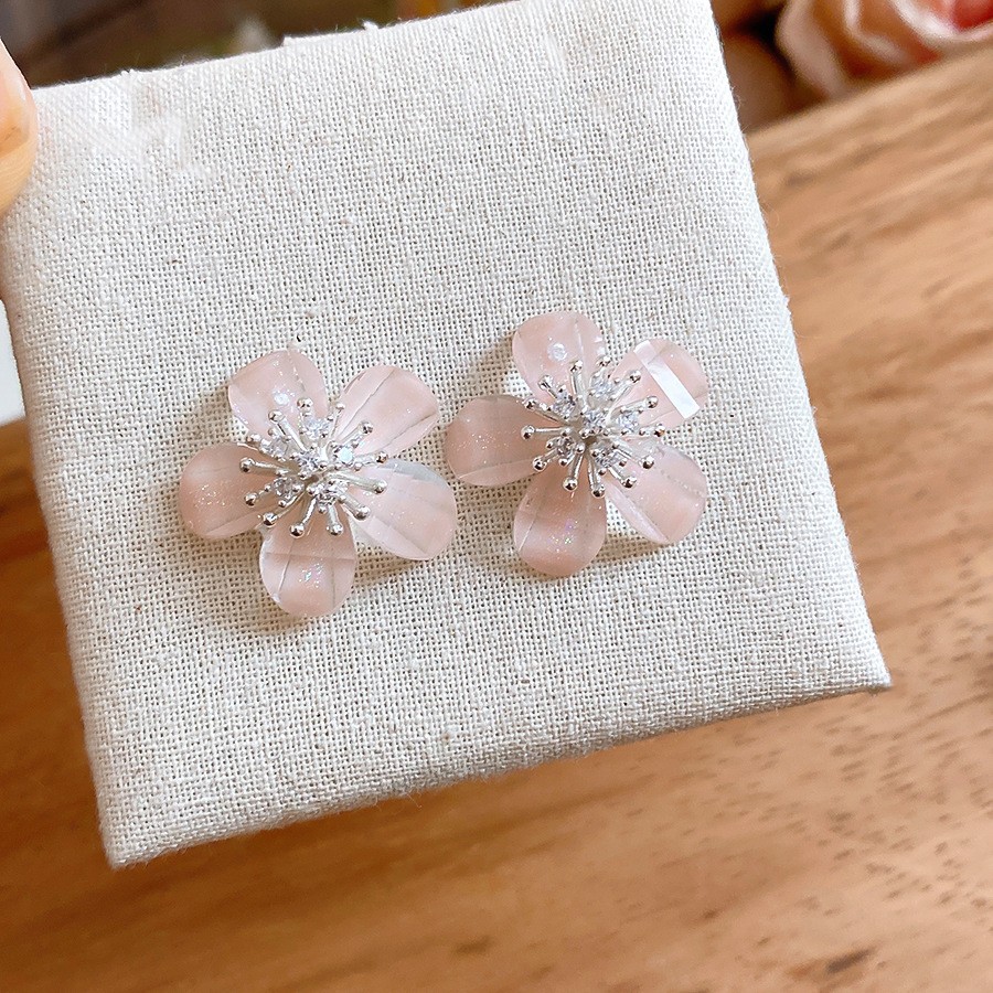 Aguja de plata Corea del Sur diamante Opal flor pendientes diseño fresco Rosa pendientes moda pendientes dulces al por mayor