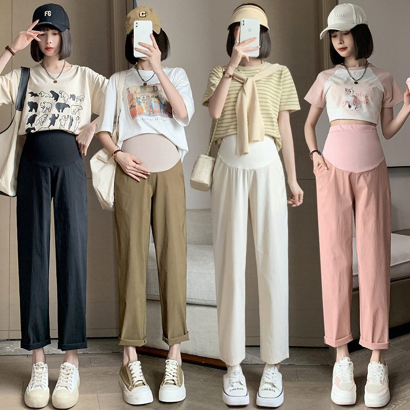 Real shot pregnant women summer new cotton and linen stretch straight pants outer wear loose wide leg pants pants short pants
