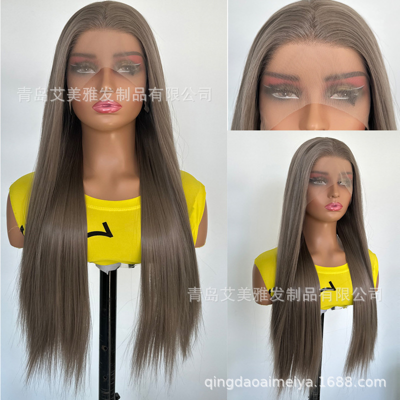 European and American Wig Women's Front Lace Hand Hooked Gray Brown Long Straight Hair Natural Hairline High Temperature Silk Headgear Factory Wholesale European and American Wig Women's Front Lace Hand Hooked Gray Brown Long Straight Hair Natural Hairline High Temperature Silk Headgear Factory Wholesale