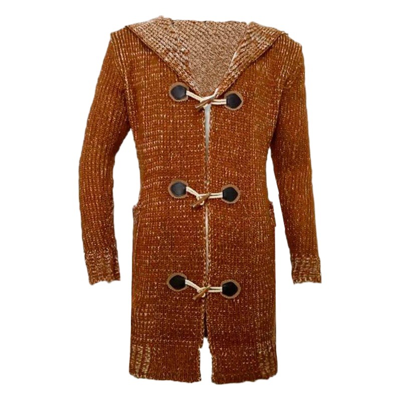 2025 Men's Hooded Sweater Men's Spliced Men's Fashion Slim Horn Button Mid-Length Sweater Loose Jacket