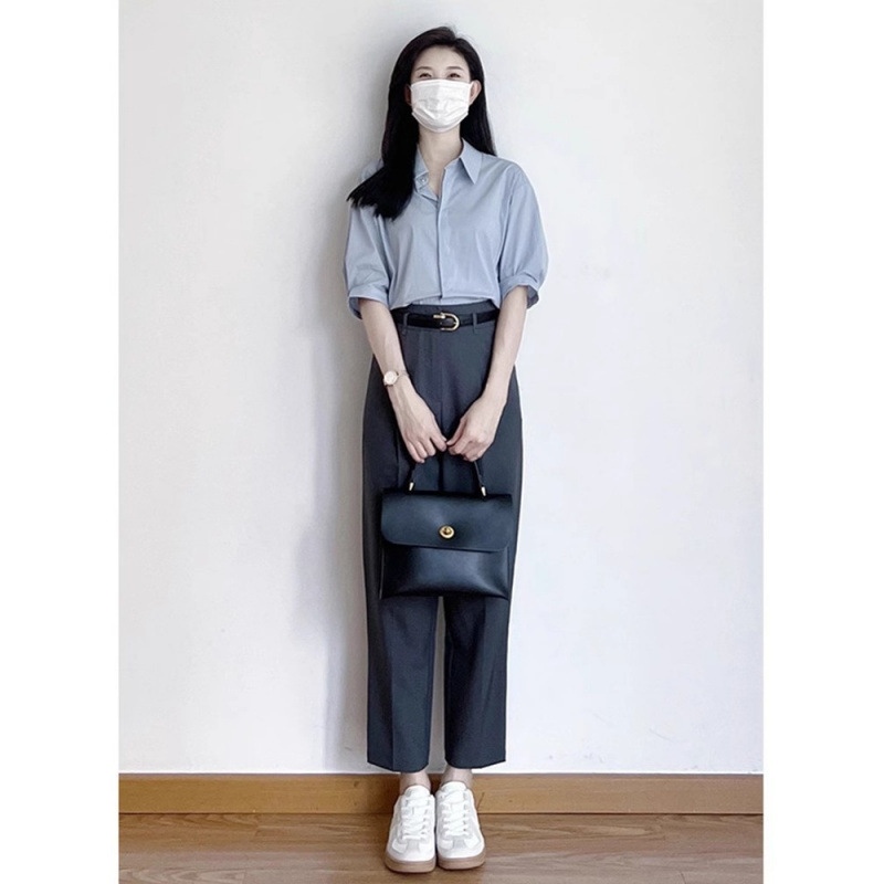 春季轻熟穿搭一整套女2025新款蓝色衬衫搭配西装裤子休闲两件套装|undefined