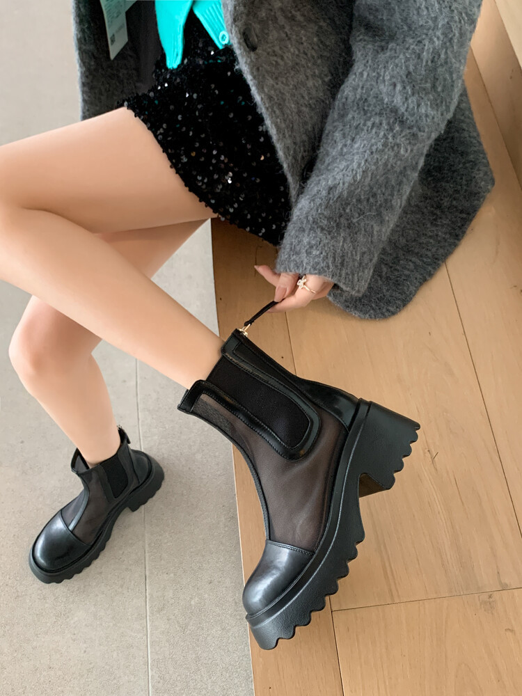 Boot ngắn nữ da bò mũi tròn đế dày thoáng khí khóa kéo sau — Màu đen, Màu mơ chi tiết 10