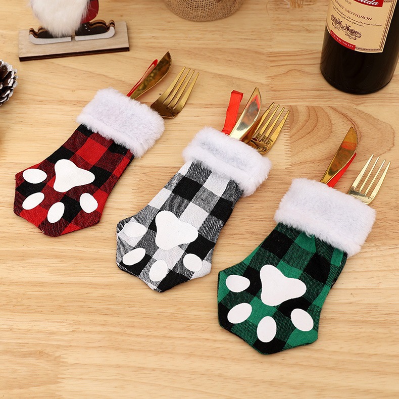 Cross-border Christmas decorations mini cat claw knife and fork set plaid cloth tableware set table decoration fabric decoration
