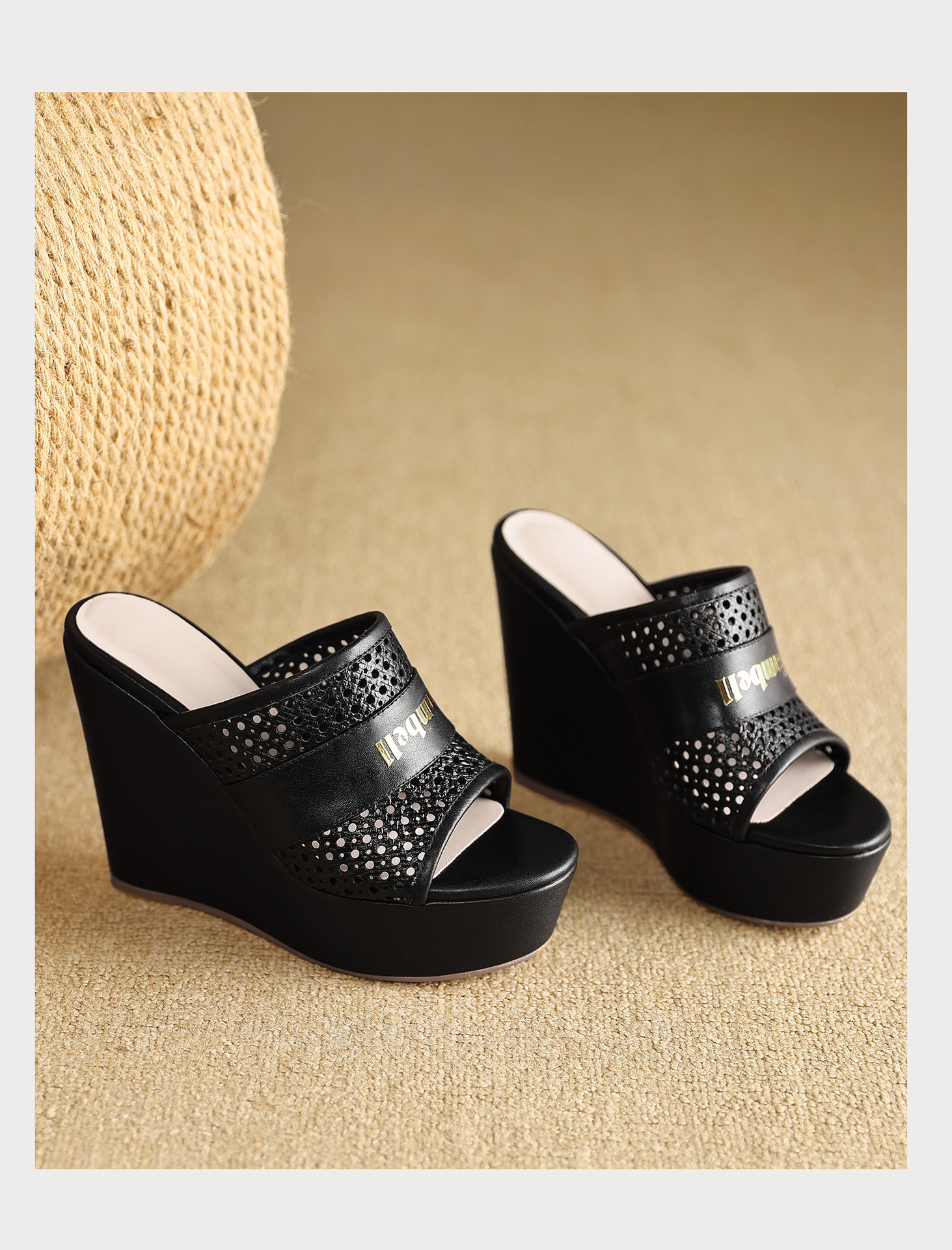 Sandal cao gót nữ hở mũi quai ngang đế xuồng da bò — màu đen, màu trắng ngà chi tiết 16