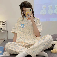 『玉桂狗』春秋夏季睡衣女短袖长裤纯棉质卡通可爱家居服套装薄款