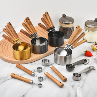Cross-border in stock stainless steel measuring cup measuring spoon 8-piece set with scale measuring cup suit baking tool wooden handle measuring cup