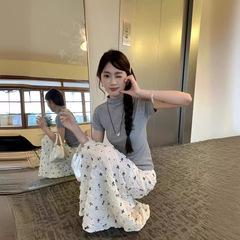 8892 # 半高襟半袖tシャツ女装レース砕花スカート2点セット