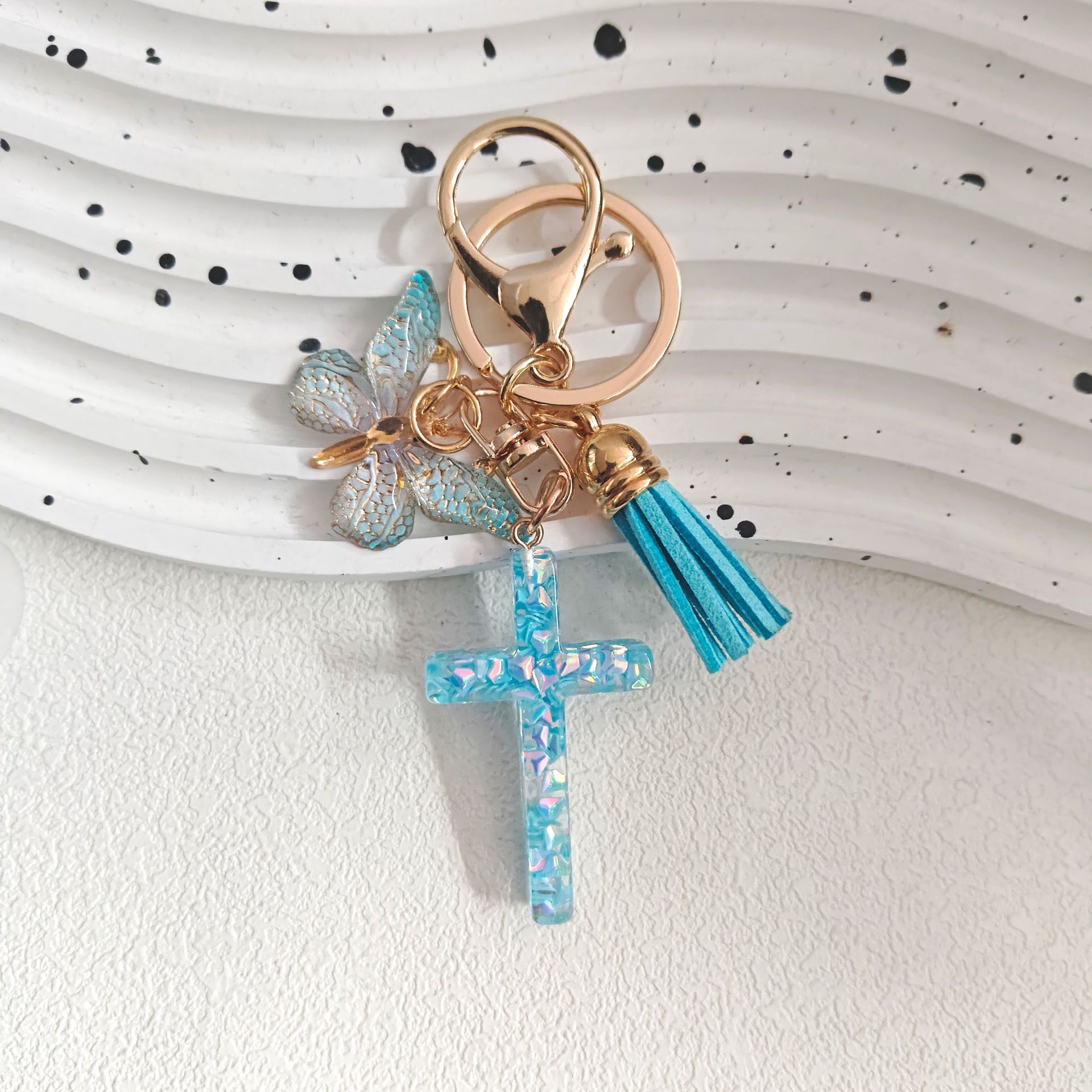 16g Weight Sequins Inlay Material Keychain Classification Daily Occasion Epoxy Material Cross, Butterfly Pattern Women's Gender Sweet Style Cross Butterfly Keychain Epoxy Sequins Women's Sweet Keychain 8