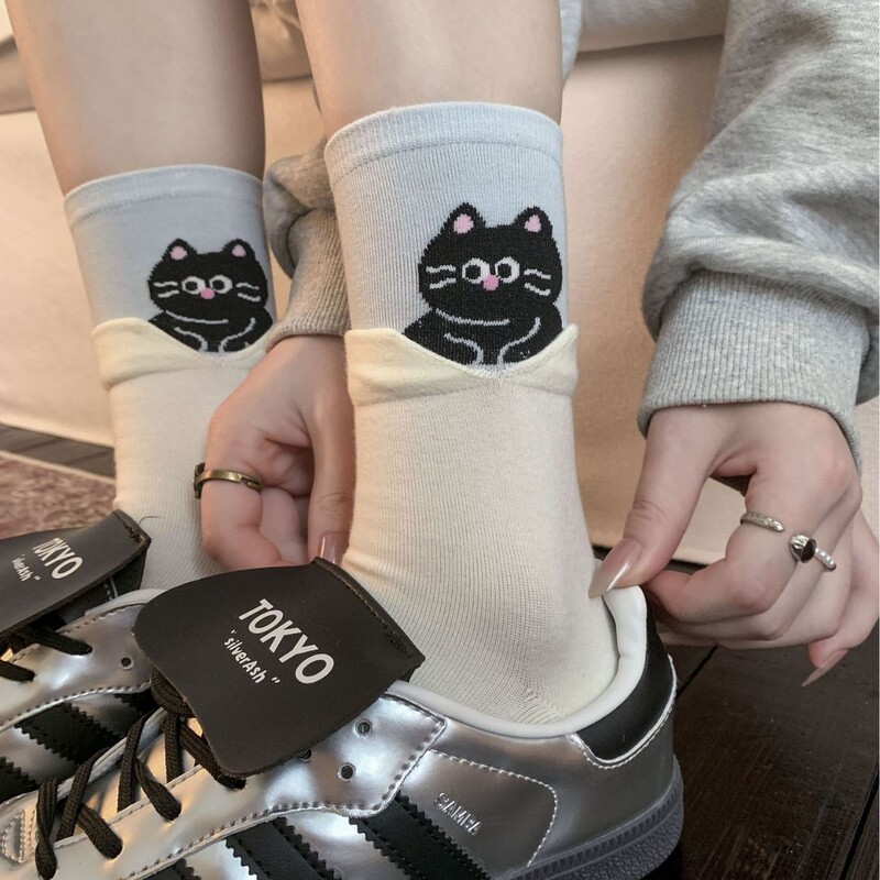 Cartoon Animal Peek-A-Boo Mid-Calf Socks for Women Autumn and Winter New Trendy Socks Korean Style Color Matching Cute Puppy Penguin Stockings
