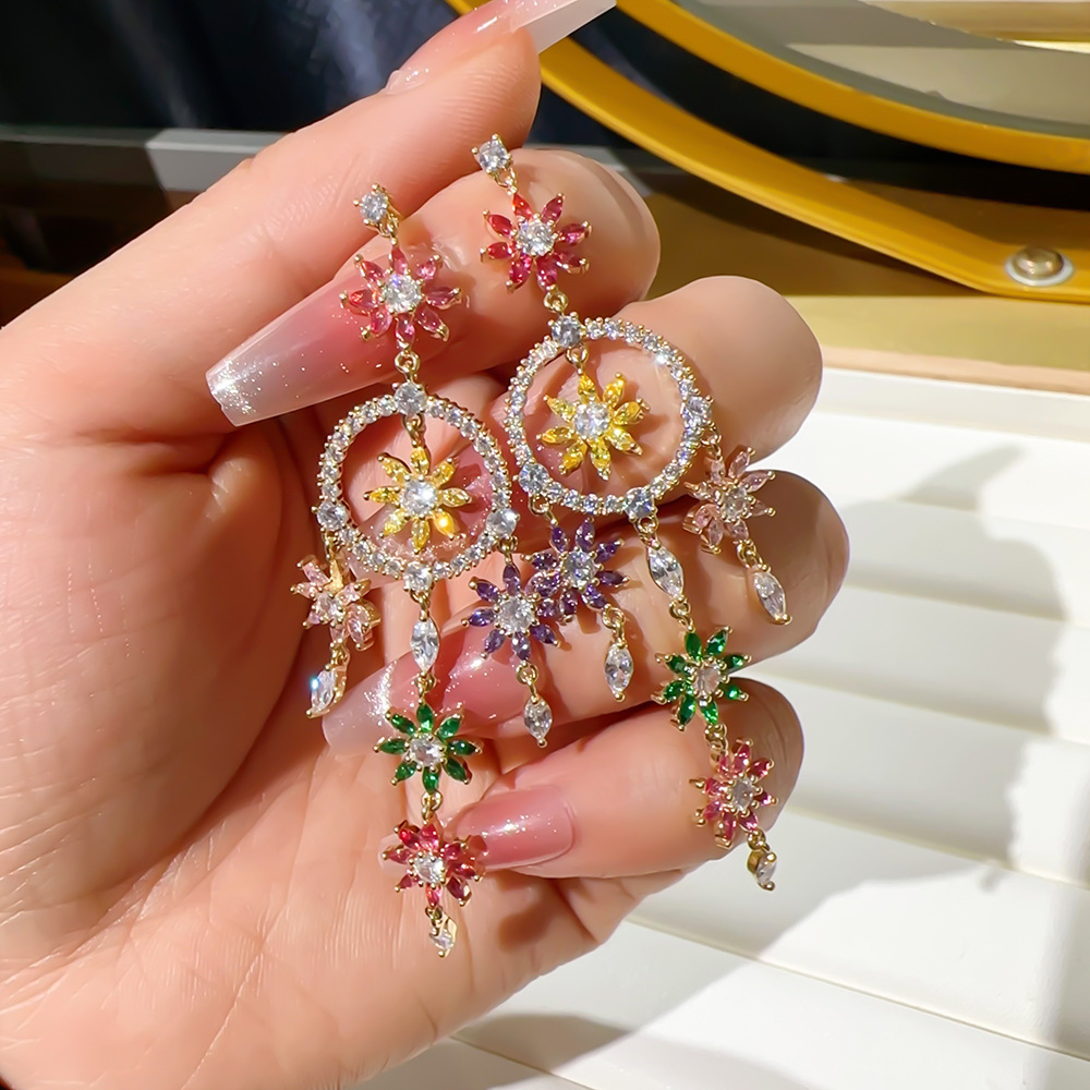 Korean Style Arrival Heavy Industry Colorful Zircon Earrings Elegant Flower Tassel Long Earrings S925 Silver Pin Earrings Women's Batch