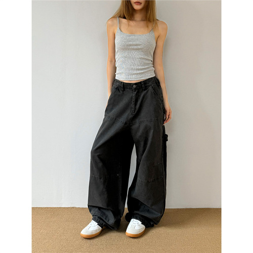 2025 Spring/Summer American Vintage Wide-Leg Cargo Pants for Men – Loose-Fit, Straight-Leg Design, Casual Long Trousers