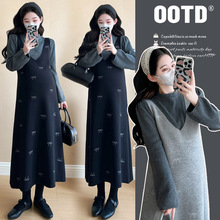 现货~2025秋冬新款孕妇韩版刺绣毛衣背心裙泡泡袖半高领打底套装