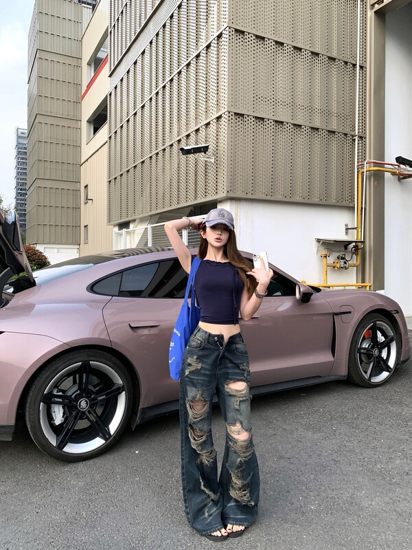 Trendy Hot Girl Style Solid Color Slimming Backless T-Shirt for Women, Summer Niche Ripped Loose Jeans Two-Piece Set