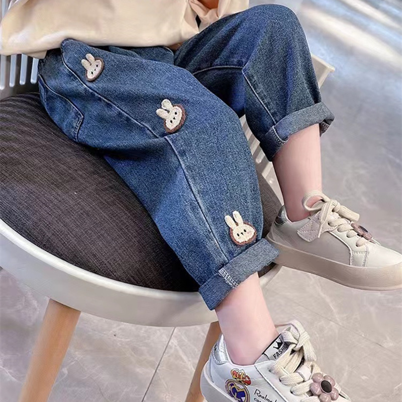 女の子のワークジーンズ春と秋の新しい工場子供服卸売中型および大型子供用ストレートレッグルーズワイドレッグ子供用ズボン|undefined