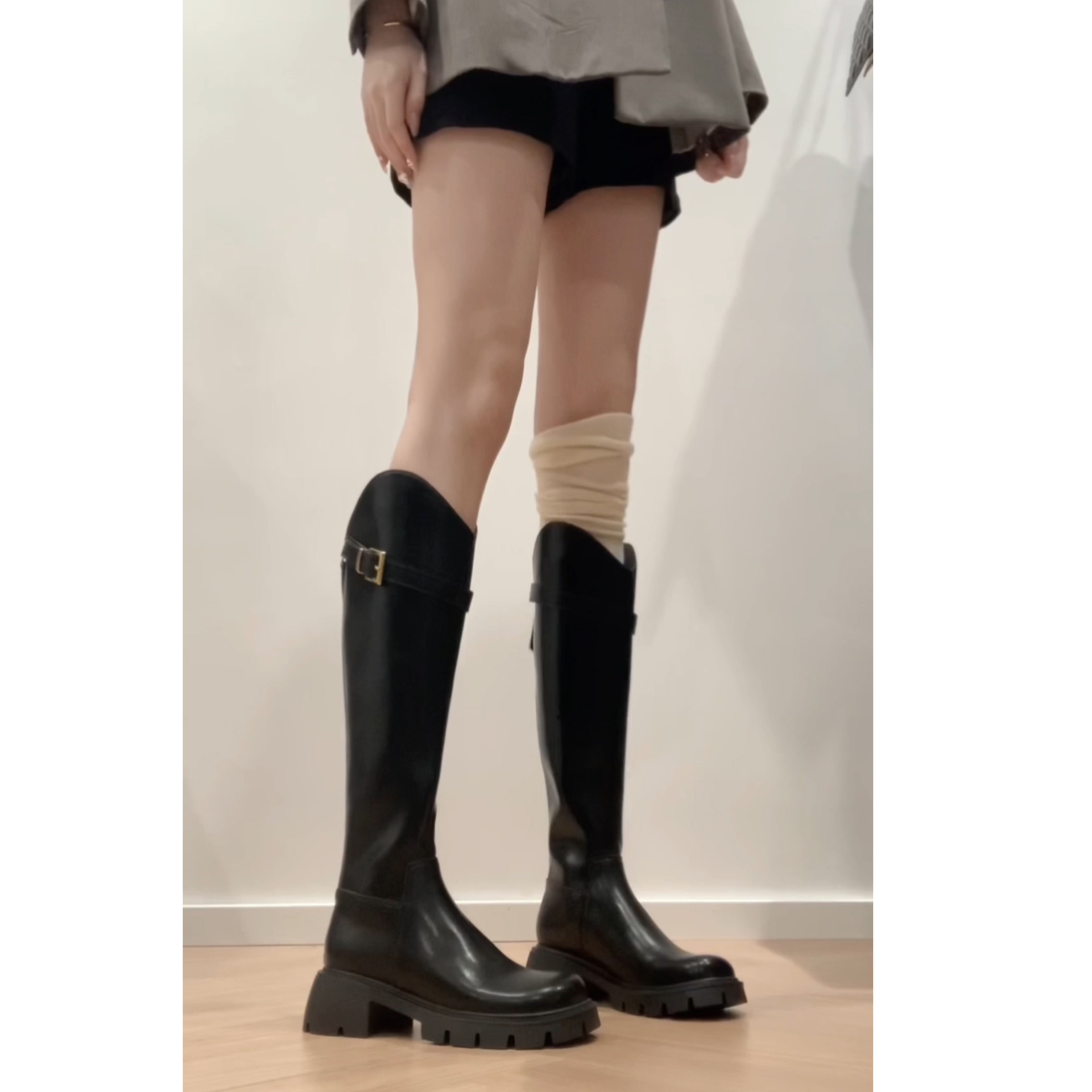 牛皮版~真皮厚底小个子长筒靴女秋冬加绒V口显瘦高筒靴骑士靴长靴