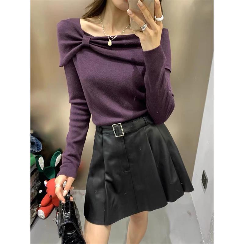 羊毛针织衫女2024冬新款法式气质蝴蝶结字领设计感上衣打底毛衣