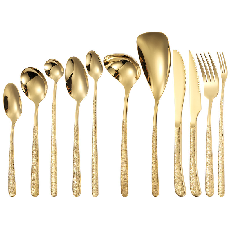 Cuchillo, tenedor y cuchara con patrón de tela elegante de acero inoxidable 304, vajilla occidental de hotel, mango de patrón de martillo creativo, juego de cuchara redonda con cuchillo y tenedor