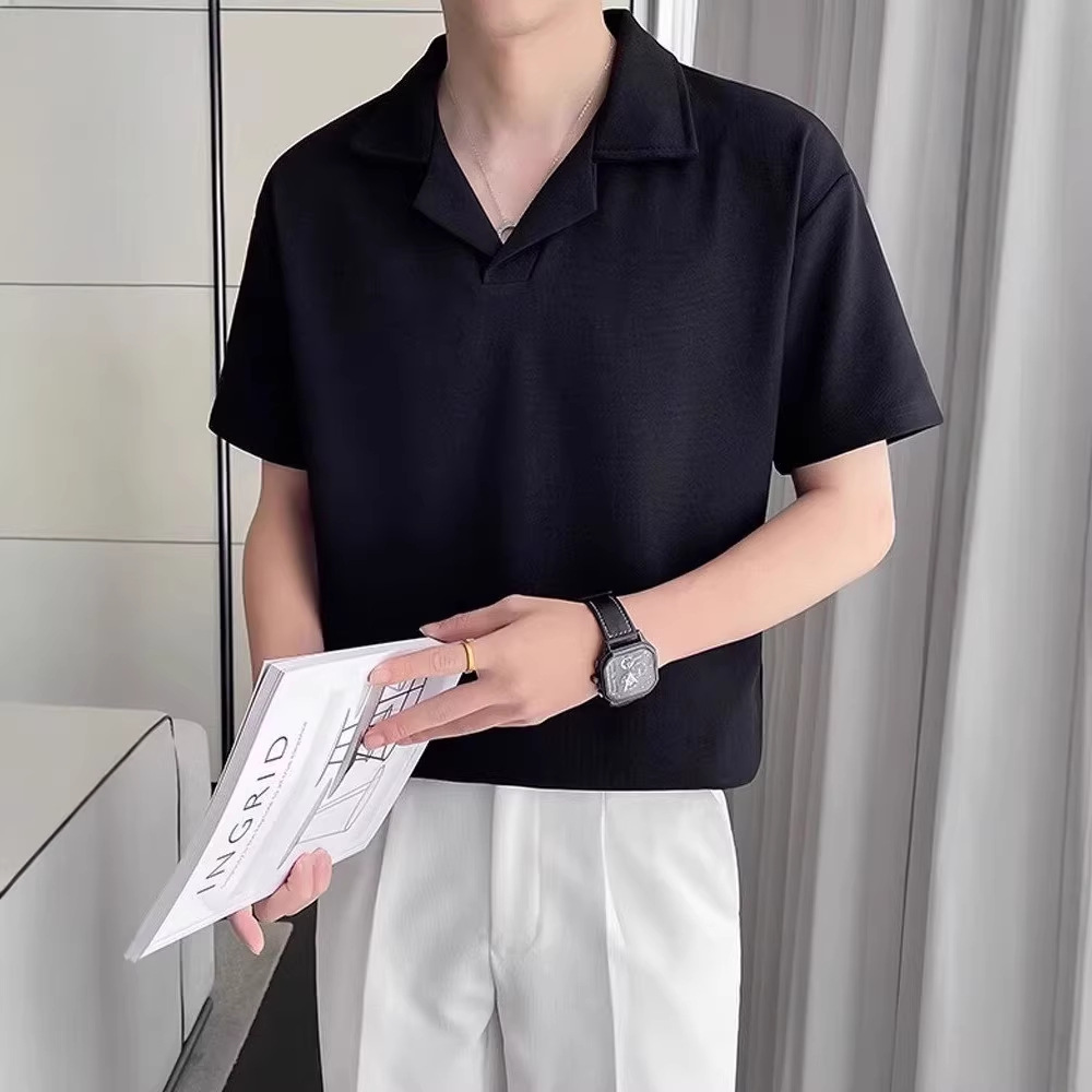 Camicia da uomo con colletto cubano – Camicia oversize a maniche corte con trama a nido d'ape (poliestere traspirante, bianco/nero/grigio, M-3XL)_voghion.com