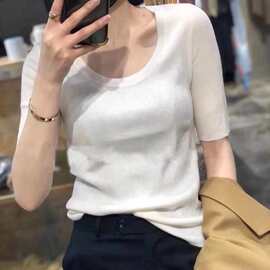 2024夏季新款复古气质U领露锁骨冰丝针织衫薄款女短袖上衣修身T恤