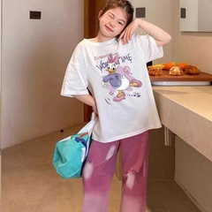 Children's Cartoon T-Shirt for Girls, Summer Outfit, Short Sleeve 2024, New Girls' Middle Child Version, 100% Cotton Summer Loose Top