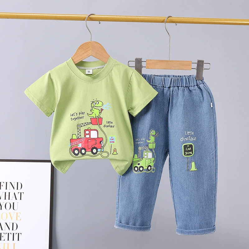 Летний детский denim комплект, мультяшные джинсы, с коротким рукавом, комплект из 2 предметов, 0-5 лет