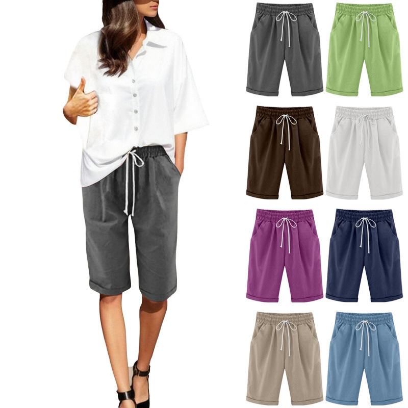 European and American Cross-Border Large Size Solid Color Women's Shorts 2026 Summer New Elastic Waist Casual Cotton Linen Shorts