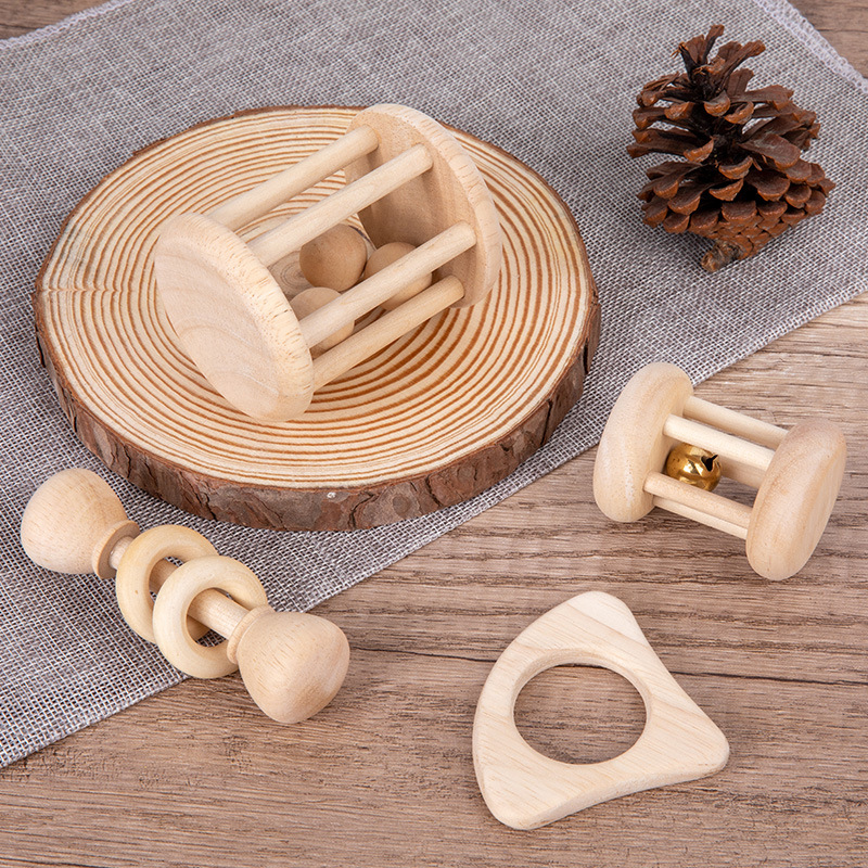 Bebés de madera con timbres de madera de mano set 0.18 educación temprana agarrar sonido calmante set de juguetes de cuatro partes