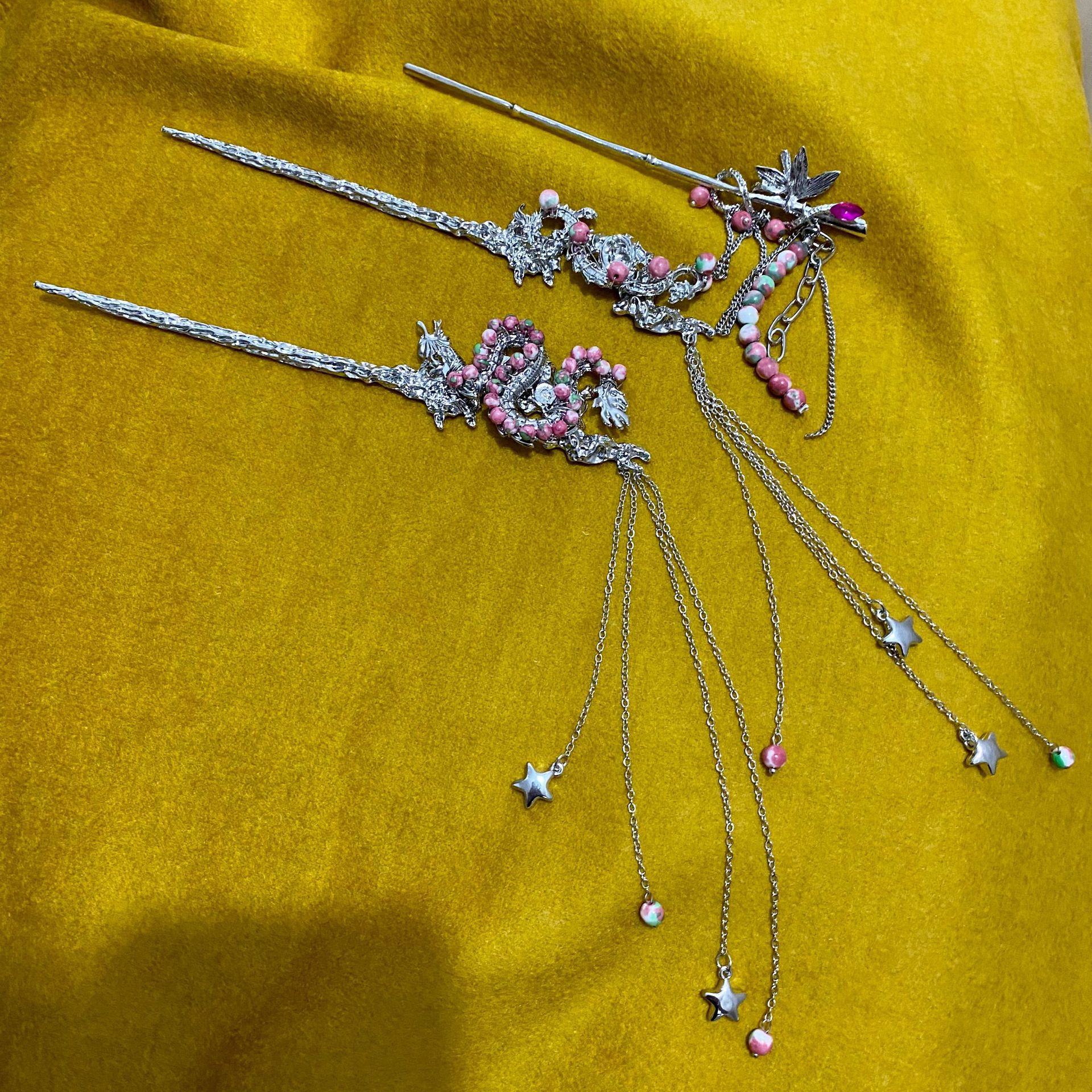 银色熔岩粉色珠珠手工发簪女新中式渐变粉流苏簪子盘发发钗发