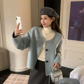 小香风蓝色时尚百搭毛呢短款开衫外套2024冬季新款小个子毛呢大衣