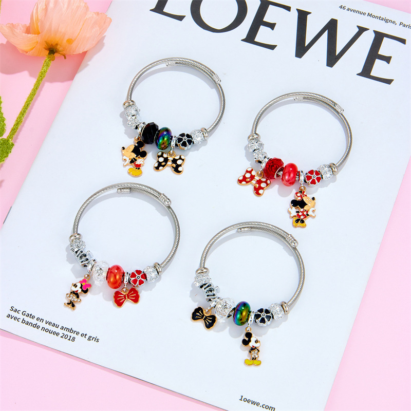 Panjia Stainless Steel Silver Open Bracelet Women's Fashion Cartoon Diamond-encrusted Mickey Minnie Bow Beaded Bracelet Panjia Stainless Steel Silver Open Bracelet Women's Fashion Cartoon Diamond-encrusted Mickey Minnie Bow Beaded Bracelet
