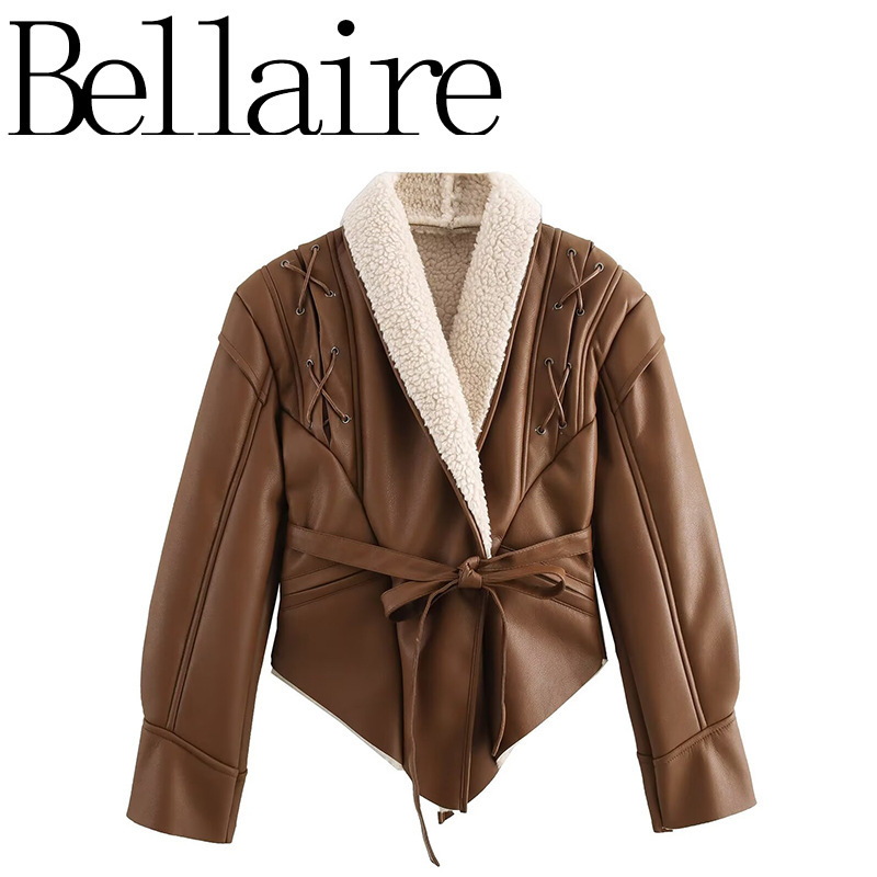 Za Export Wholesale European and American Style French Women's Clothing Asymmetrical Strap Waist Fur Integrated Warm Jacket Jacket