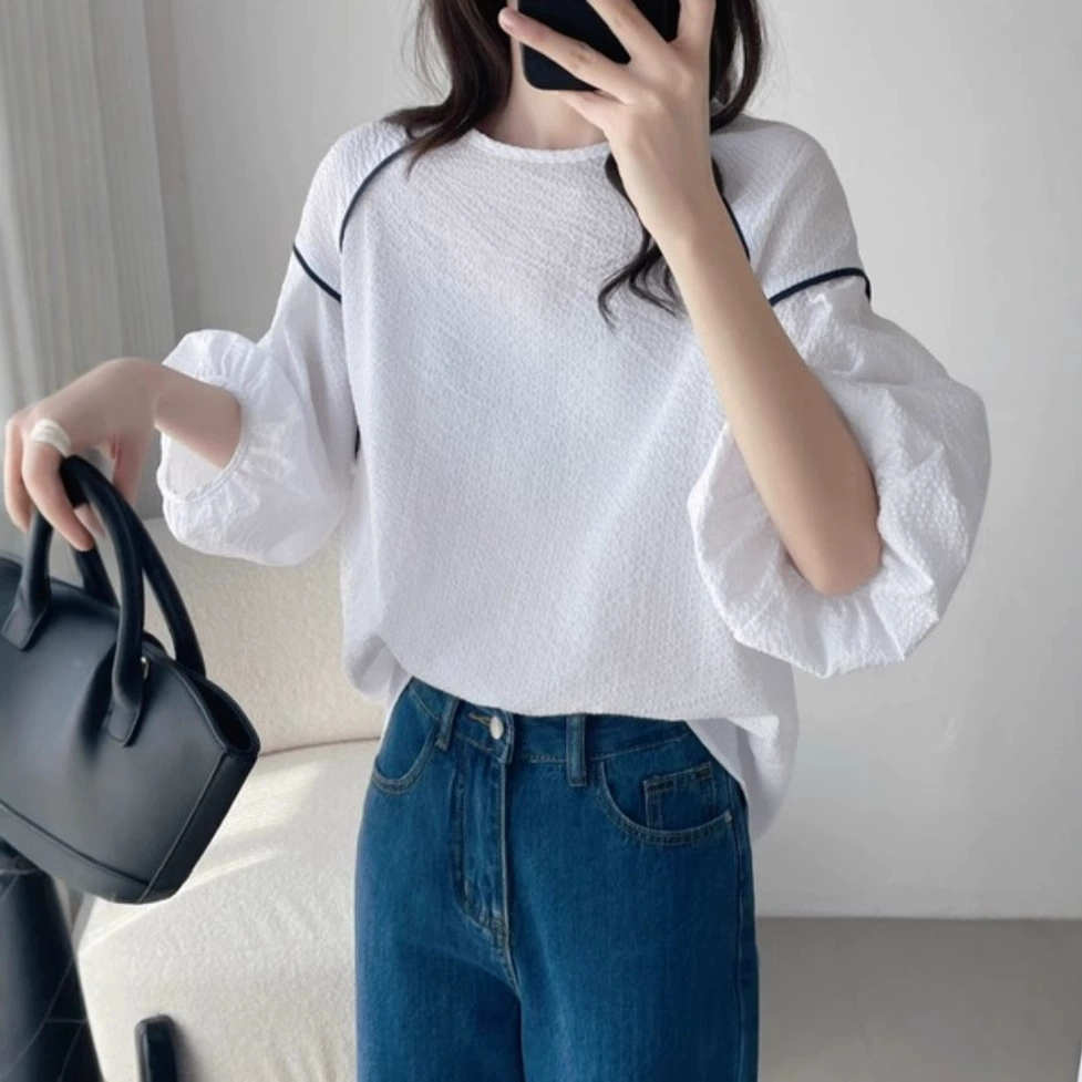 Корейские шикарные шикарные топы с короткими рукавами для женщин, новые летние свободные футболки с пышными рукавами в тон для женщин ins