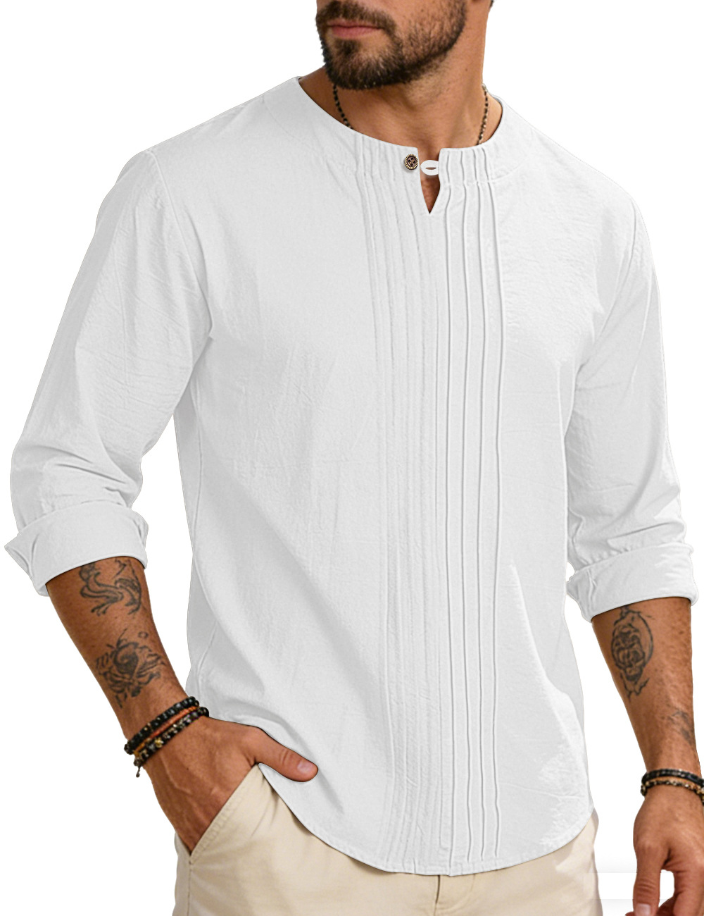 Estación independiente transfronteriza europea y americana spot cuello redondo manga larga hombre primavera otoño y verano blusa de algodón y lino suelta camisa de abrigo