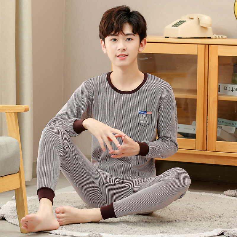 Ropa de otoño para niños medianos y grandes para hombres pantalones largos traje suéter de algodón de Cuello medio alto adolescentes estudiantes de secundaria cubierta de ropa interior cálida de algodón puro