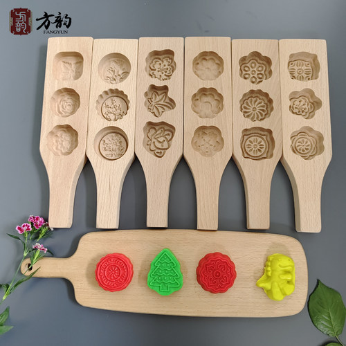Three-hole mold wooden mooncake mold mung bean cake pumpkin cake bread mold cartoon steamed bun craft mold