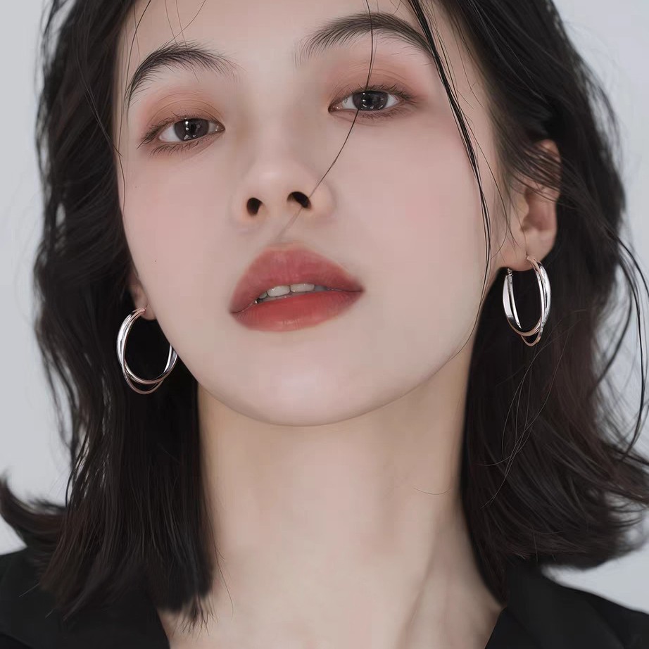 Exquisite High-Quality S999 Silver Earrings, Simple Circle Double Earrings, Light Luxury and High-End Feel, Large Hoop Earrings, Versatile Ear Studs and Accessories