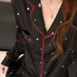 韩系简约设计感星星撞色冰丝睡衣女春新款舒适宽松显瘦家居服套装