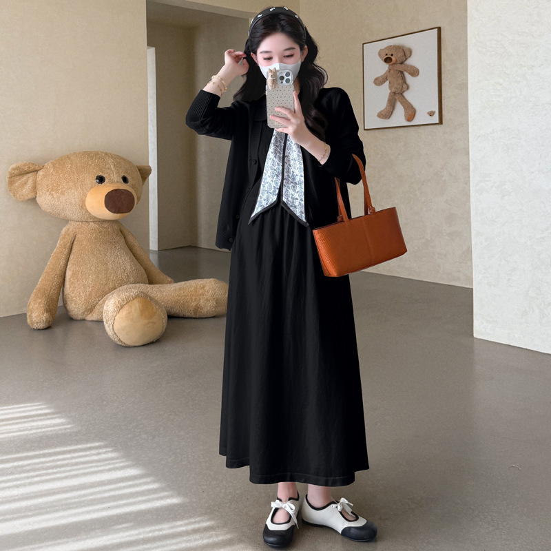 孕妇装秋冬新款针织打底连衣裙+开衫毛衣甜美时尚加厚包芯纱套装|undefined