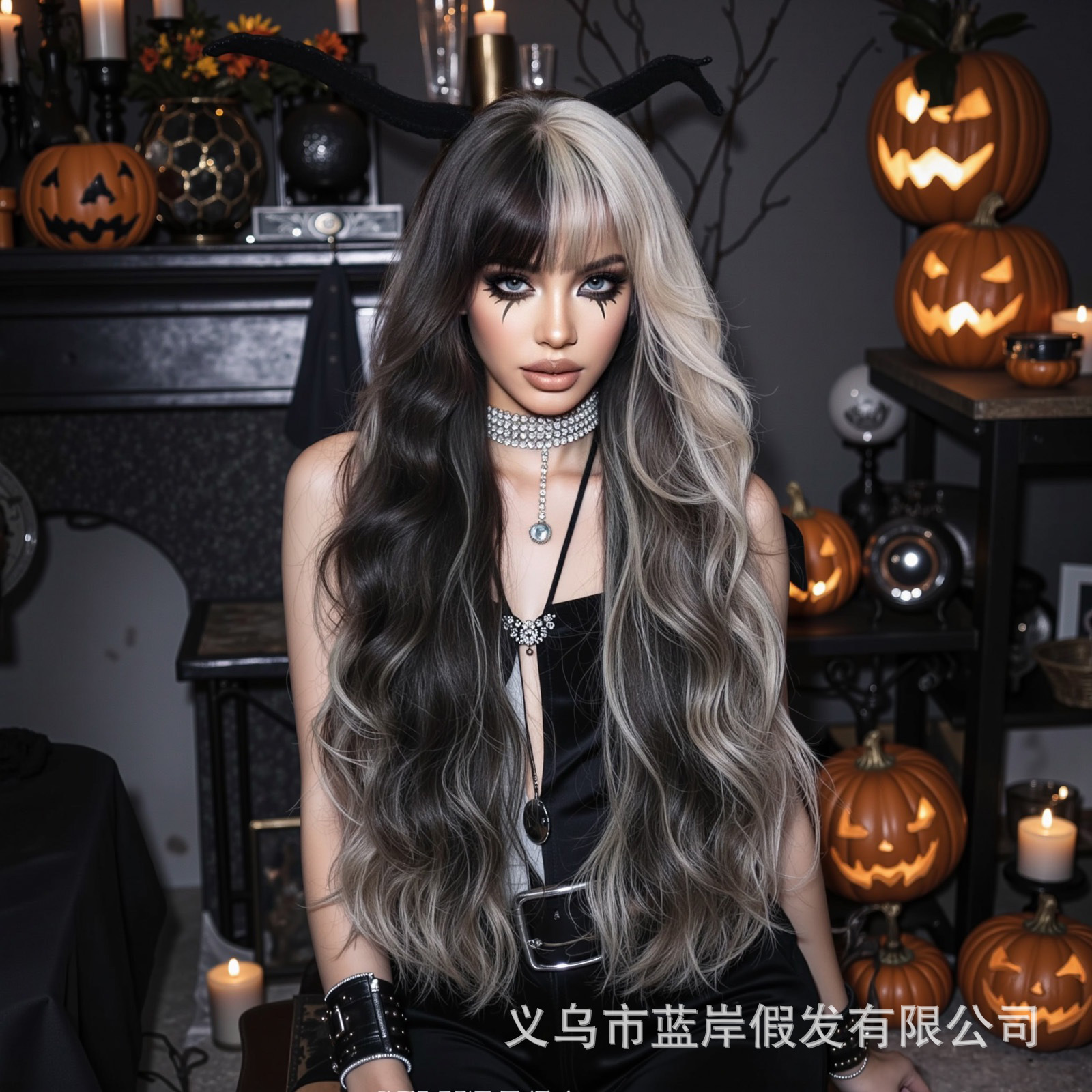 Cosplay de Halloween Juego de pelo Moda transfronteriza Olas grandes Cabello largo y rizado Gris plateado Exceptora Peluca Mujer Cubierta completa Wig