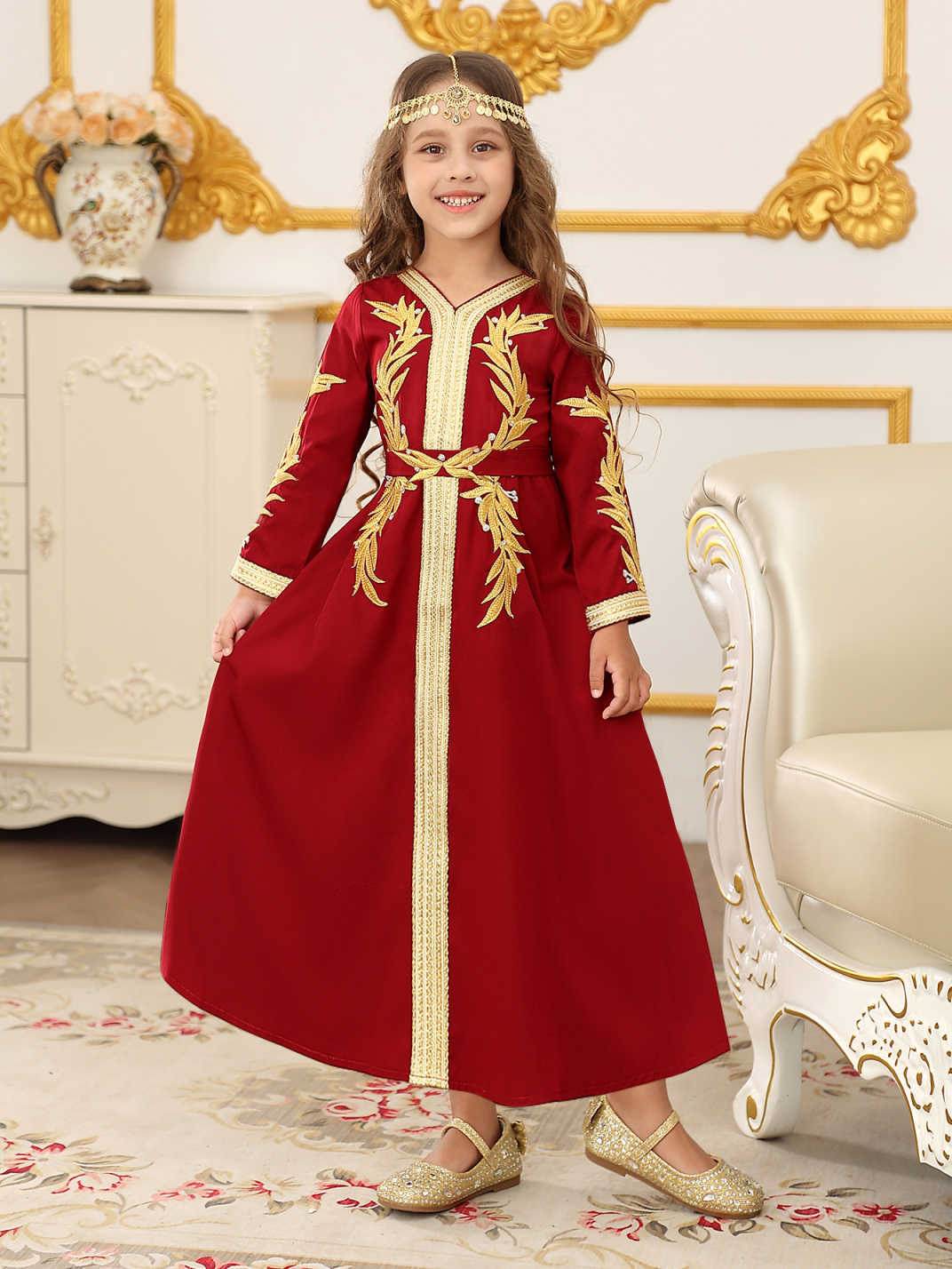 Transfronterizo Amazon vestido largo para niños nuevo cinturón de manga larga encaje vestido de niña bordado de color puro