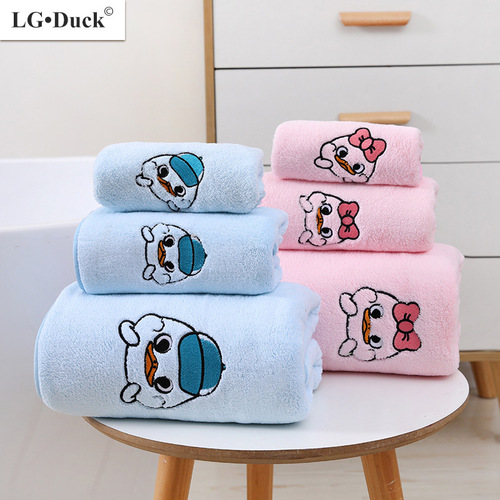 New coral velvet bath towels set of 3 with embroidery cartoon duck, thickened children's cute face towels