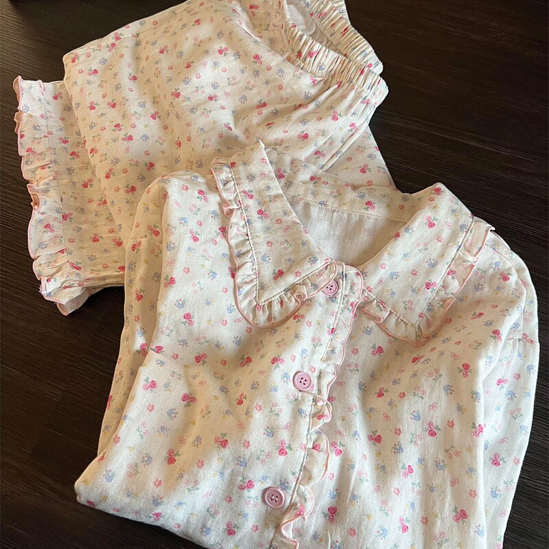 All-Over Printed Colorful Floral Girl's Pajamas, New Spring and Autumn Style, Lace Long-Sleeve and Long-Pants Set, High-End Loungewear All-Over Printed Colorful Floral Girl's Pajamas, New Spring and Autumn Style, Lace Long-Sleeve and Long-Pants Set, High-End Loungewear