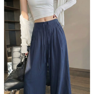藏青色亚麻山本阔腿裤女夏2026薄款高腰垂感老钱风棉麻休闲直筒裤