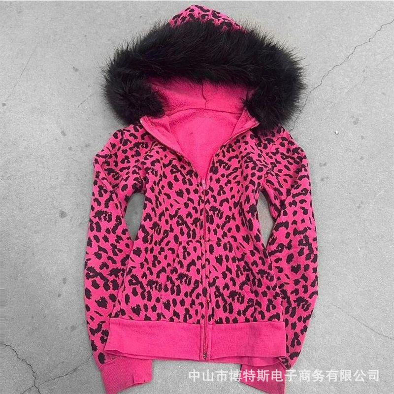 Cross-Border Autumn and Winter European and American Style Slim Fit Personalized Design Rose Red Leopard Print Plush Collar Hooded Zipper Sweatshirt Top Cross-Border Autumn and Winter European and American Style Slim Fit Personalized Design Rose Red Leopard Print Plush Collar Hooded Zipper Sweatshirt Top
